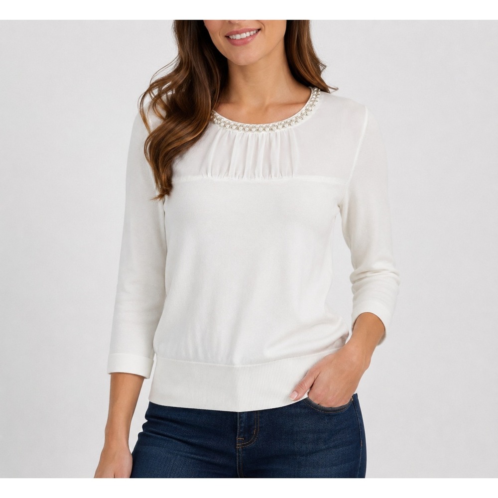 Cable & Gauge White Beaded Neck 3/4 Sleeve Knit Blouse Top Women's See Measur